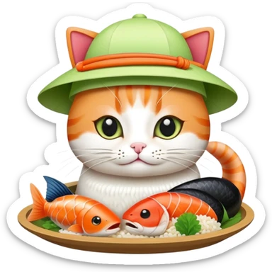 cat wearing a hat with a rice base, multiple fish pieces on top, and wasabi accent, sushi hat sticker