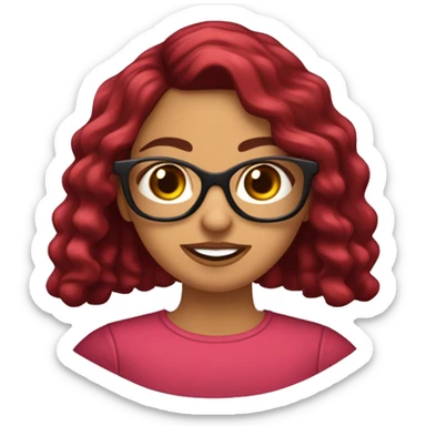 chica joven con cabello semicorto ondulado de color rojo borgoña , con lentes y brackets , ojos carmelitas almendrados , labios gruesos y rosados , pestañas largas , cejas finas pero prominentes , nariz fina y respingada , piel blanca rosada sticker