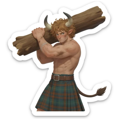 buff curly hairy man covered in dirt with freckles with messy light brown bangs that covers his face completely with bull horns and bull ears and bull tail dressed in kilt lifting large log with wind in his hair with belt around his chest sticker