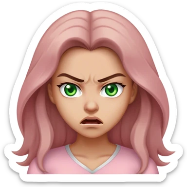 pretty woman with very long brown hair and green eyes and light pink outfit angry sticker