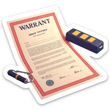 Make the paper of the 3D arrest warrant document icon more white, keeping the large 'WARRANT' at the top, body text, signature, and official stamp at the bottom. Maintain the 3D, icon-like style with bright lighting and transparent background. sticker