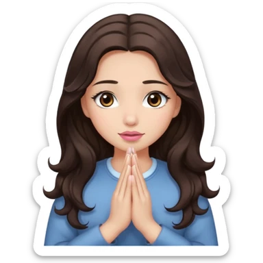 girl with wavy long glamorous dark brown hair, brown eyes, light to medium complexion, long lashes, light pink lipstick, praying sticker