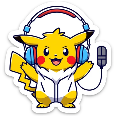 Hot handsomeb muscular 6ft tall smiling happy clean shaven Ash Ketchum being a  dj and his music rocks while kissing pikachu in his ball sticker
