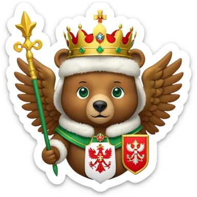 Cute brown bear head with green eyes, wearing white fur ushanka hat with Russian coat of arms: golden double-headed eagle with spread wings, three crowns connected by ribbon, scepter in right claw, orb in left claw, red shield on chest with St. George slaying dragon, iOS emoji style sticker