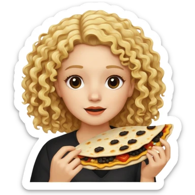 mujer con pelo rubio rizado comiendo quesadillas quemadas negras  sticker