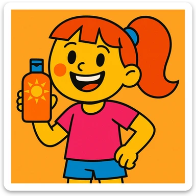 bright cartoon style of a girl holding a bottle of sunscreen and smiling sticker