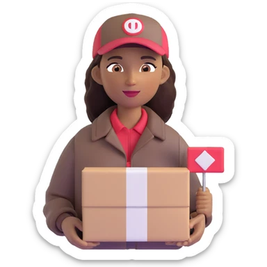 mujer de piel morena entregando un paquete, con gorra y chaqueta de mensajería sticker