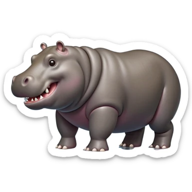 cinematic-hippo-realistic-full-body side view-standing on all fours-emoji,-massive-round-frame,-wide-mouthed-grin-exposing-huge-teeth,-head-tilted-dramatically,-thick-greyish-brown-hide-glossy-from-water,-simplified-yet-realistic-focused-features,-highly-detailed,-glowing-with-an-almost-sarcastic-glow sticker