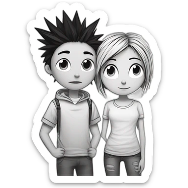 a dog and a girl with black spiky hair looking at each other in style of ((sarah andersen)), black and white,sarah andersen,cartoon,drawn,sketch sticker