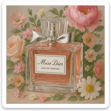 Miss Dior perfume bottle, with floral accents, chic, realistic style sticker