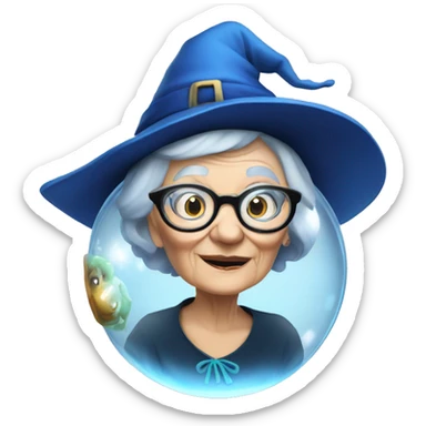 smart granny witch with glasses and blue hat in crystal ball sticker