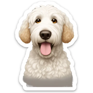 White Golden doodle with brown ear sticker