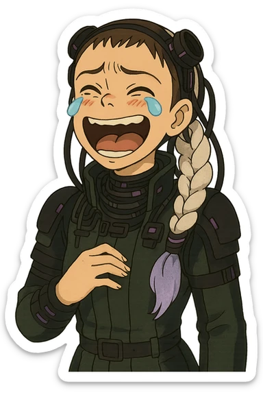 1 female, white braid with lavender tips. Cybergoth futurepunk, crying from laughter, “wheeze emoji” facial expression  sticker