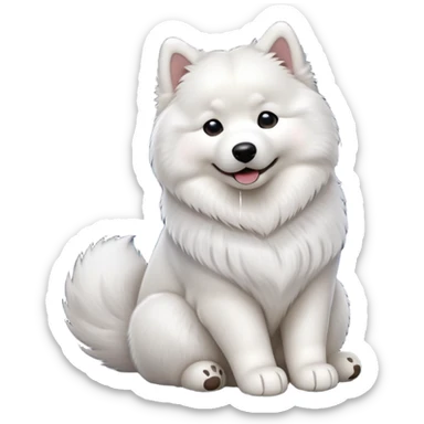 cinematic-[samoyed]-realistic-full-body-sitting-emoji,-tail-resting-loosely-beside-its-paws,-head-tilted-dramatically, -fluffy-[white]-fur,-simplified-yet-realistic-focused-features,-highly-detailed,-glowing-with-an-almost-sarcastic-glow sticker