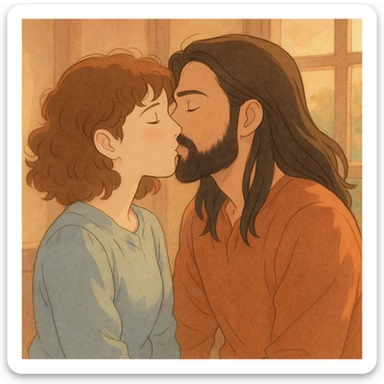 ghibli style of a white woman with curly brown hair and a white man with long hair and black beard kissing, warm light sticker
