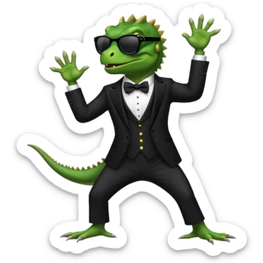 capitalist iguana in tuxedo with black sunglasses dancing sticker