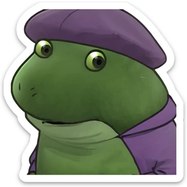 A green pig, in a purple sweatshirt, with a purple cap with a pattern of stars on his head sticker