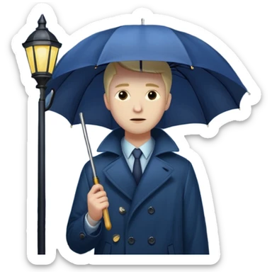 Man with umbrella + streetlight reflection, Midnight Wanderer. sticker
