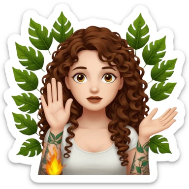 woman with long curly brown hair, brown eyes, white skin, tattoos, sarcastic slow clap made of glowing leaves sticker