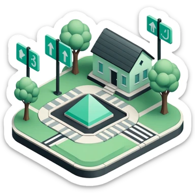 Domanilité Publique (Public Domain), 3D techy icon with black and mint green (#B5F4D3) color scheme, public land with property markers sticker