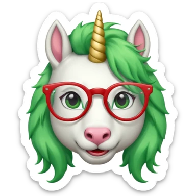 white furred unicorn with green hair and big red earrings looking into camera and spectacle and biiiggg earrings sticker