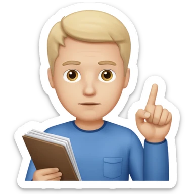 A white man stands with a serious face and points at his hand holding papers. sticker