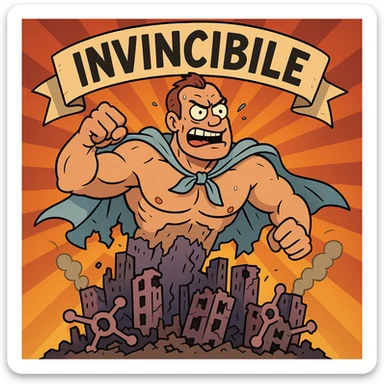 comic-book style muscular bodybuilder bursting through a banner that says 'INVINCIBILE', wearing a medical gown as a cape, saving a symbolic city representing his crumbling psyche with buildings shaped like ruined neurotransmitters, dramatic colorful dynamic composition sticker