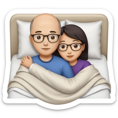 slightly balding asian man wearing glasses and asian woman naked in bed hugging sticker