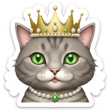 A cutesy fluffy, cool grey tabby cat with green eyes, white tummy, a simple pearl necklace and crown sticker