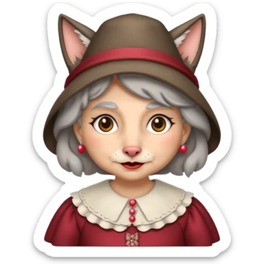 The big bad wolf is wearing Grandma's clothes and a hat, yet its face still looks like a wolf's. sticker