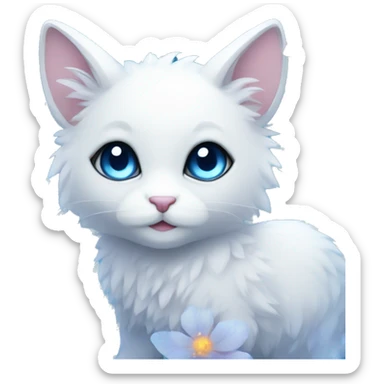 Edgy Cute Cool Kawaii gorgeous sparkly ethereal white fantasy animal with blue eyes sona with flowers and butterflies sticker