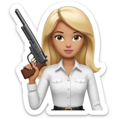 Brown skin blonde hair barbie wearing white shirt holding a black gun sticker
