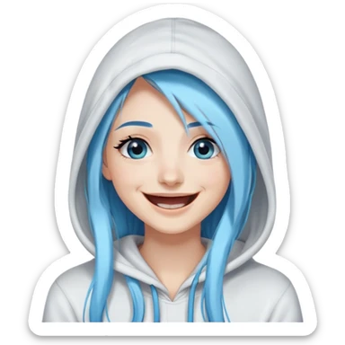 Laughing-long-straight-sky-blue-hair-blue-eyes-black eyeliner-really-think-long-eye-lashes-white-hooded-sweatshirt sticker