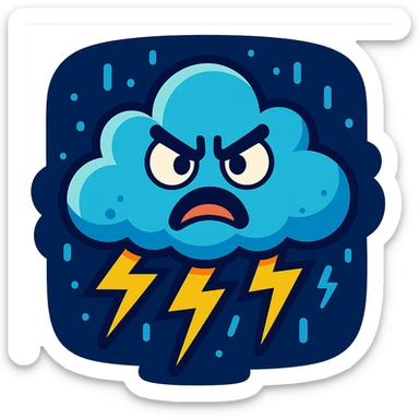 small angry thunderstorm cloud, cartoon style, expressive face, lightning bolts, dark sky, bright colors sticker