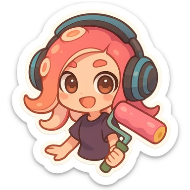 cute chibi octoling with headphones and a paint roller, Splatoon-inspired, adorable, colorful, playful sticker