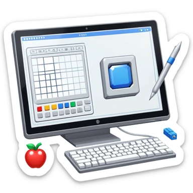 Emoji for Game Design: computer screen with Professional game development interface, 3D models, pixel art and design tools like grid, wireframe, and stylus. Symbolizes the technical and creative process of game development. Transparent background. sticker