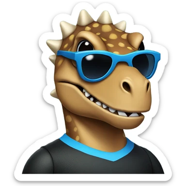 Dinosaur wearing a blue jersey with black shirt and sunglasses sticker
