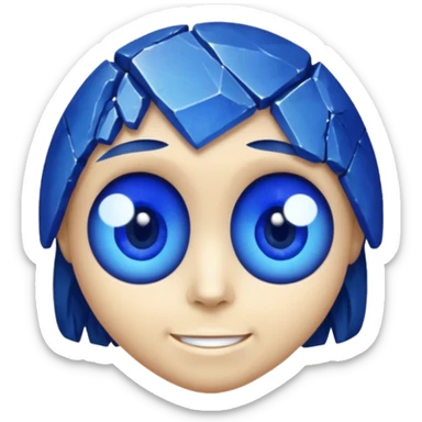 A single sapphire-blue faceted rock head, chunky and worn, with a few visible cracks and chipped facets but still shiny, big kind eyes and a confident smile sticker