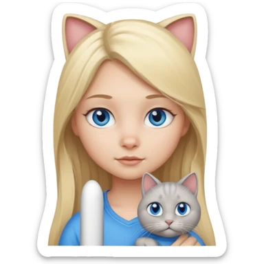 blonde girl with long blonde hair and blue eyes with chubby gray cat sticker