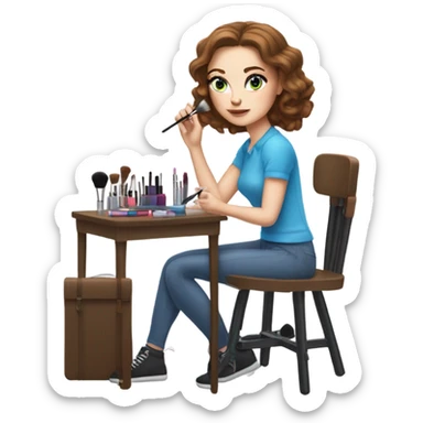 White girl with freakles brunett blue eyes with makeup kit and a chair doing her makeup sticker