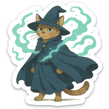 ghibli style wizard cat with a flowing cloak and magical aura sticker