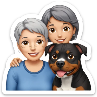 Pit bull Rottweiler mix with white muzzle and spots on muzzle next to older woman with really short grey hair sticker