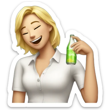 A blond student in a white shirt with a bottle of soda in an open pose laughs on a bench sticker