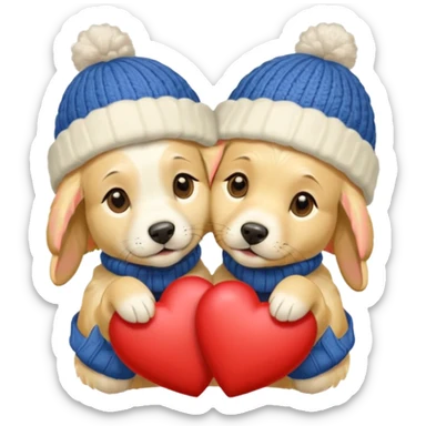 2 English cream golden retrievers cuddling with winter hats and heart in between them. Make them pale dogs . Less cartoon and no hands holding heart just a heart in between . Make them more pale and realistic looking like glossy  sticker