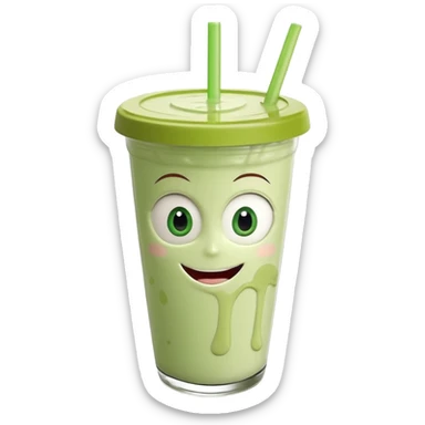 un vaso de batido animado, de caricatura, con tapa y pitillo, que tenga brazos y piernas, cara tierna y que inspire confianza y amabilidad sticker