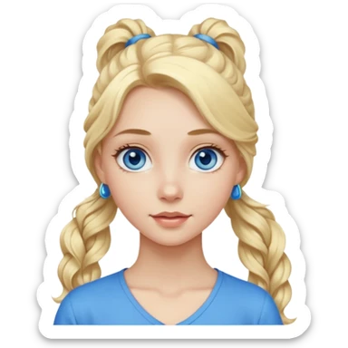 A pale girl with blue eyes and long and blonde , wavy hair in a pony tail sticker