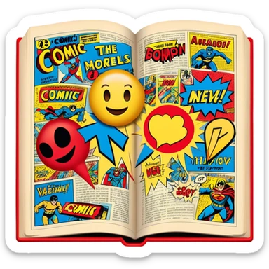 Create a vibrant emoji representing comic books and graphic novels as an art form. The design should feature a large, open comic book with vintage comic panels on the pages. Include a pencil (without a hand) gently writing text or sketching on the pages. The comic panels should have bold lines and retro-style artwork with classic comic book visuals. Use bright, energetic colors like red, yellow, and blue to evoke excitement and creativity. The overall design should feel dynamic, vintage, and artistic. Make the background transparent. sticker