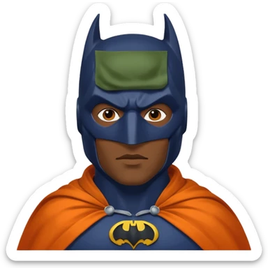 generate a batman emoji with just the face and neck showing and part of the cloak and and wings. Shade the mask in dark navy blue. Shade the wings in a medium olive green. Shade the cloak in a solidt vibran orange sticker