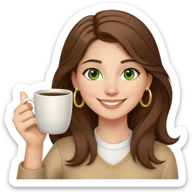 Long, Brown haired girl with middle hair part, green eyes, gold hoop nose ring, smiling, waving with one hand, coffee mug in the other sticker