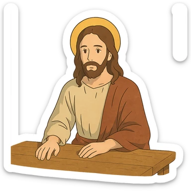 ghibli style Jesus sitting at a table sticker